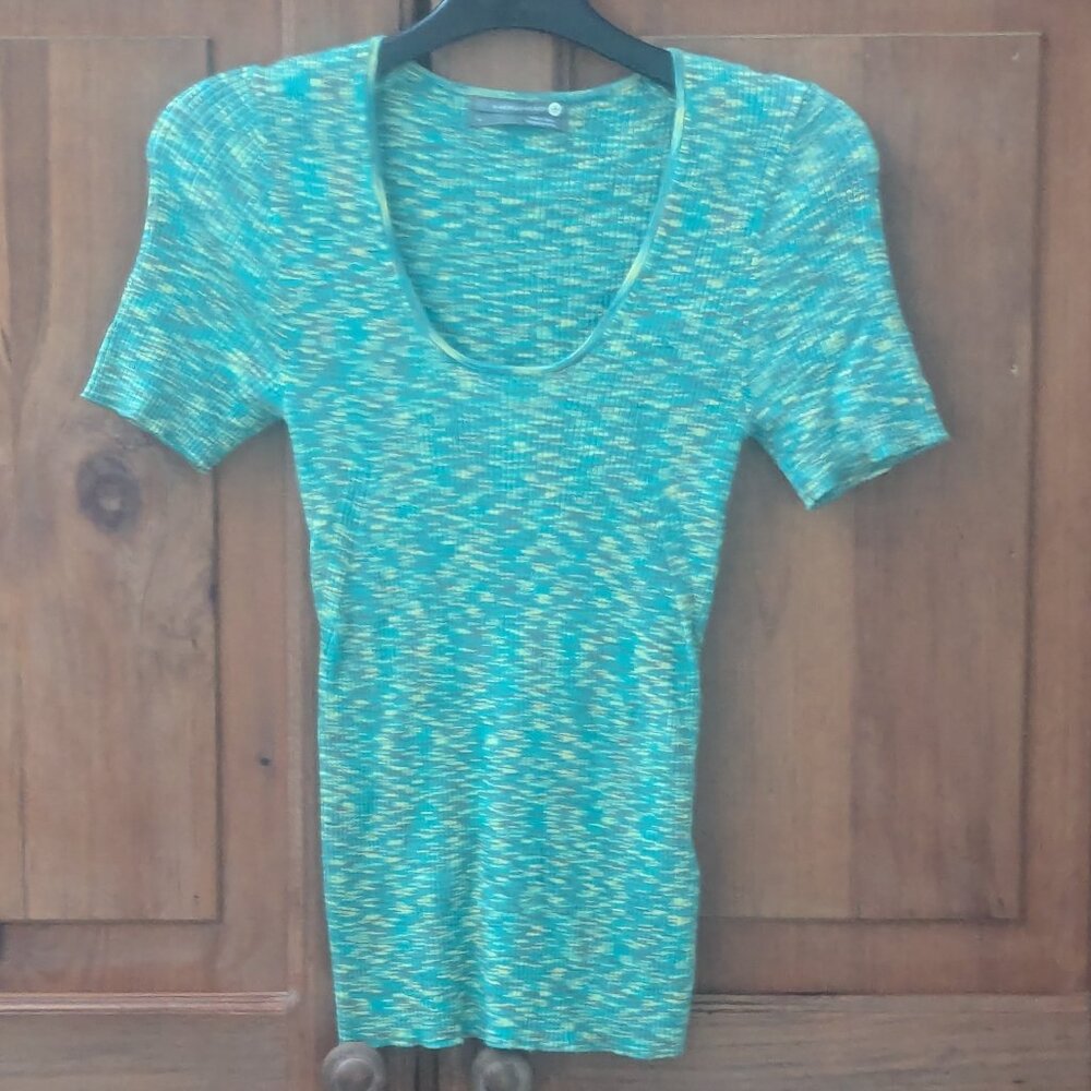 Anthropologie Zuzu Space-Dyed Green Ribbed Knit Sweater Tee Size Small
